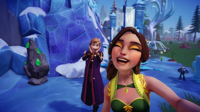 The player taking a selfie with Anna and Buzz in the Frosted Heights biome.