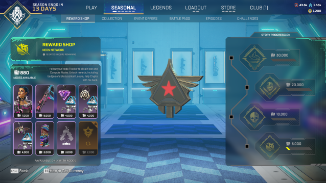 The reward shop for the Neon Network event in Apex Legends.  Eight rewards are displayed on screen, as well as four unlockable badges.