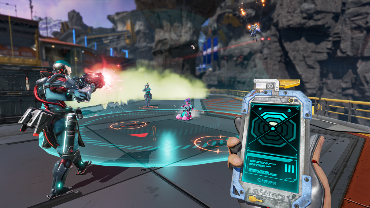 A player in Apex Legends holds a Node Tracker during a gunfight. There is a highlighted area in front of them that the tracker is pointing towards.