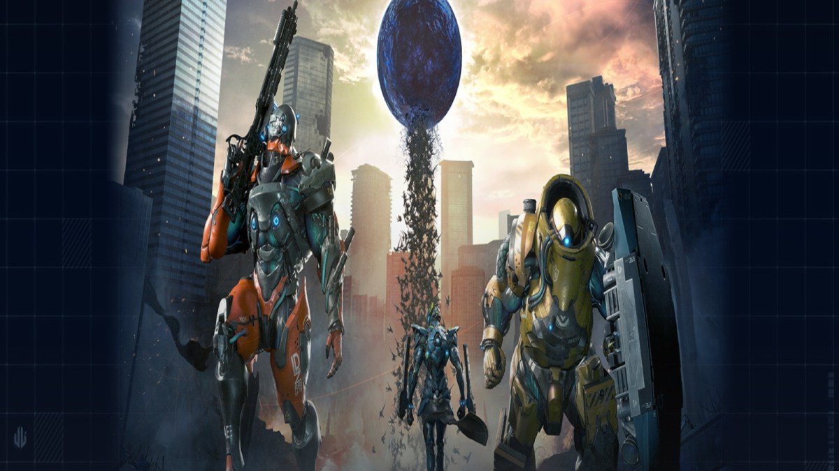 Three exosuits in Exoprimal stand beneath a blue orb spawning an army of dinosaurs.