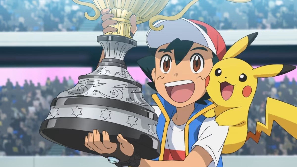 Ash Ketchum lifting a trophy with Pikachu, becoming a Pokémon world champion.