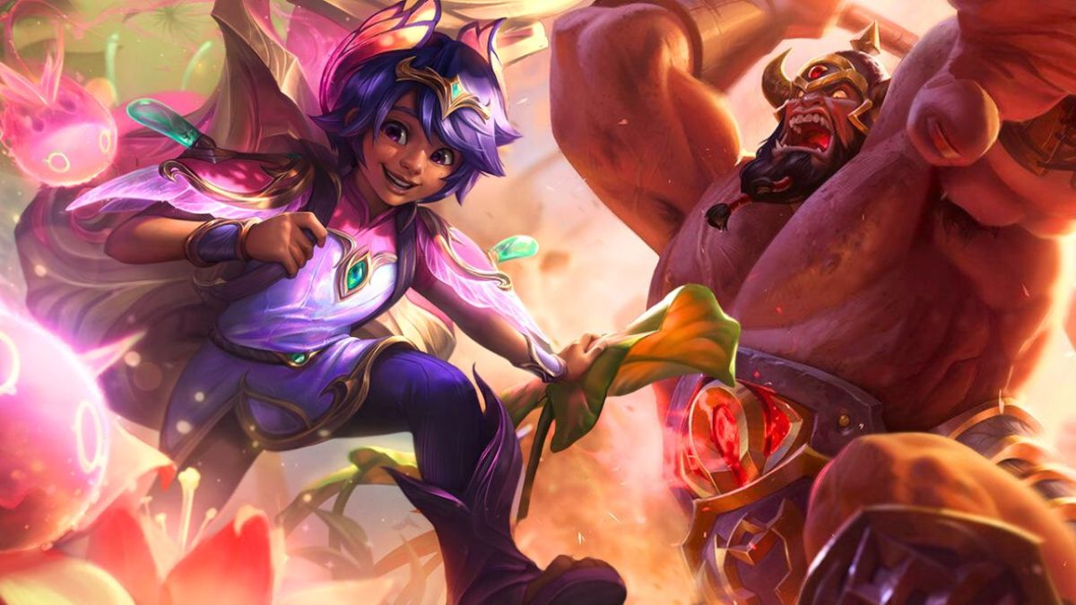 Boy wearing purple armor surrounded by floating balls and a man swinging an axe in League of Legends