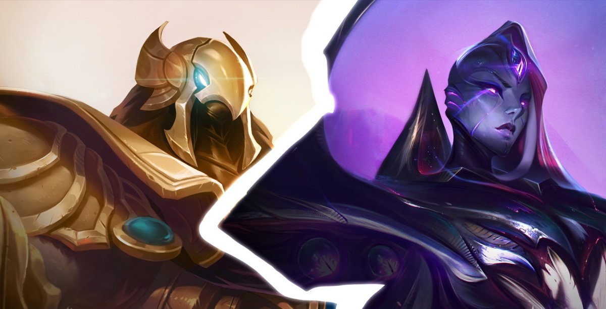 Azir and Bel'Veth in a split image, with a jagged white line running down the middle.