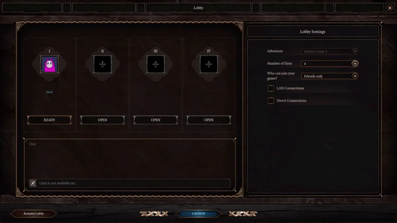 Screen showing host and settings for multiplayer lobby in Baldur's Gate 3