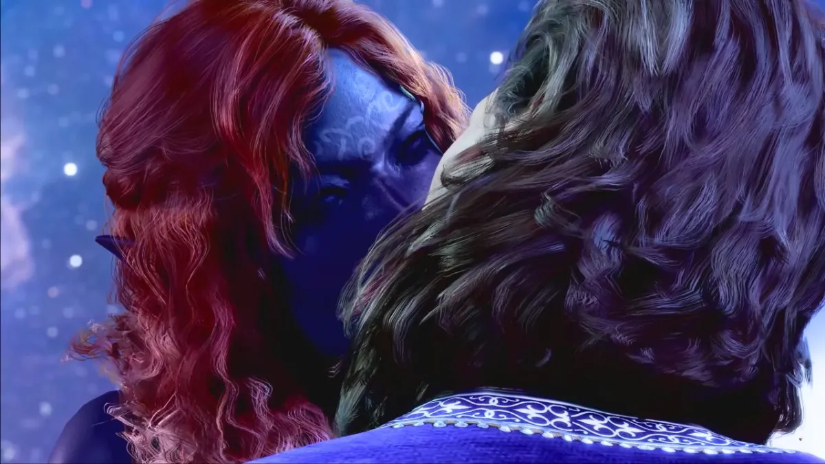 A close up of a woman and a man about to kiss in Baldur's Gate 3