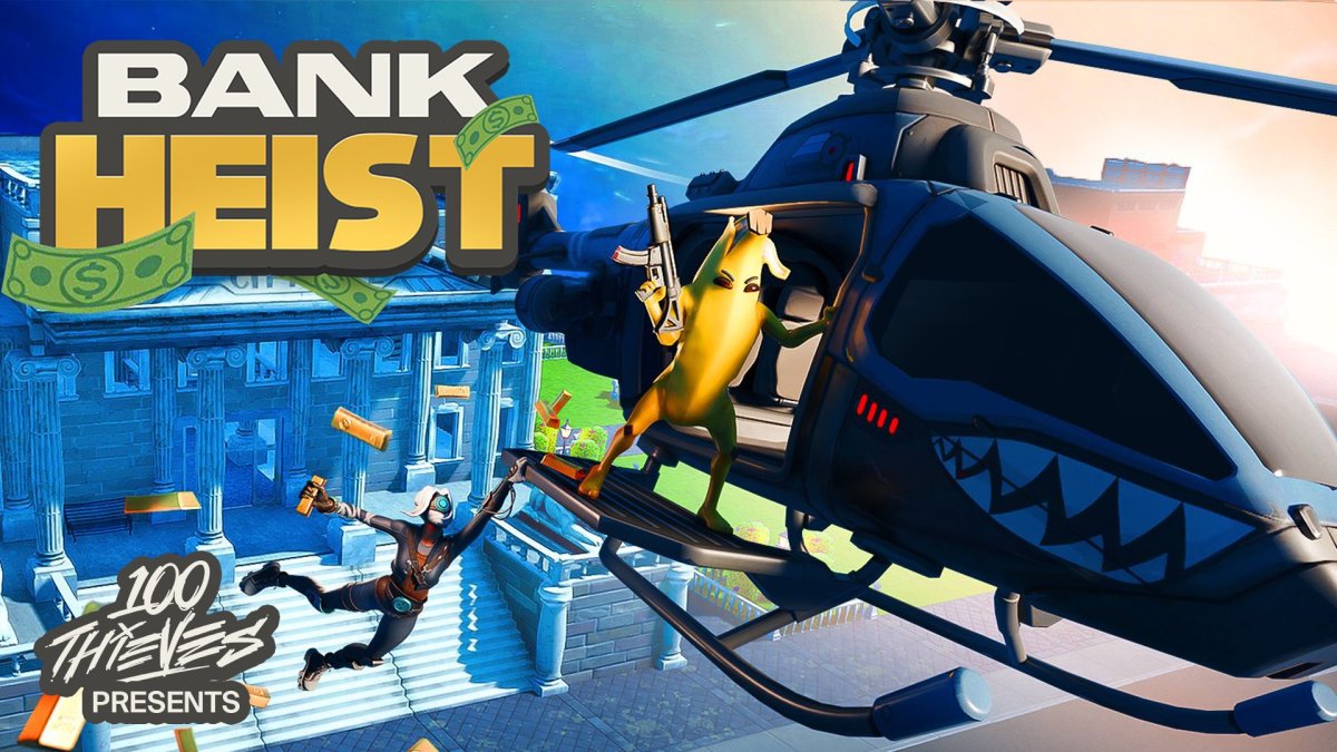 Promotional art for 100 Thieves' Fortnite mode, showing Peely in a helicopter.