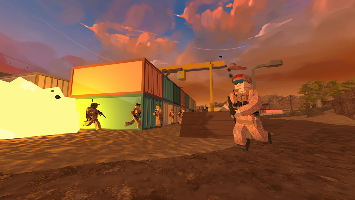 An enemy squad of troopers run past some stacked shipping containers in a sunset in BattleBit Remastered.