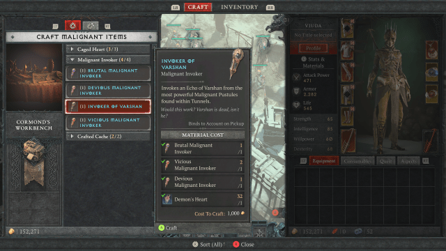 The menu to craft the Invoker of Varshan in Diablo 4 at Cormond's Workbench.