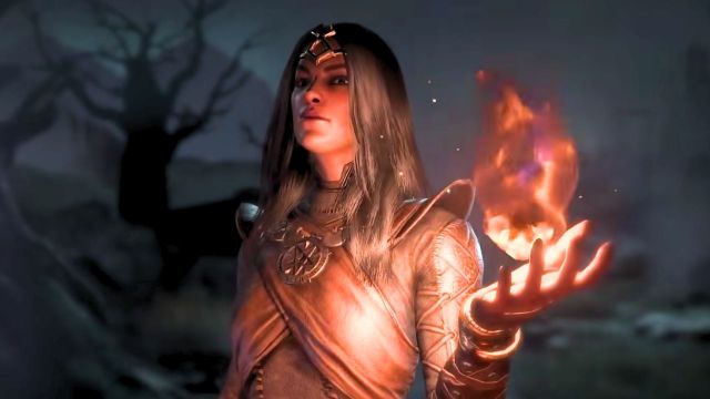 Woman wearing leather armor holding a magical ball of fire in Diablo 4