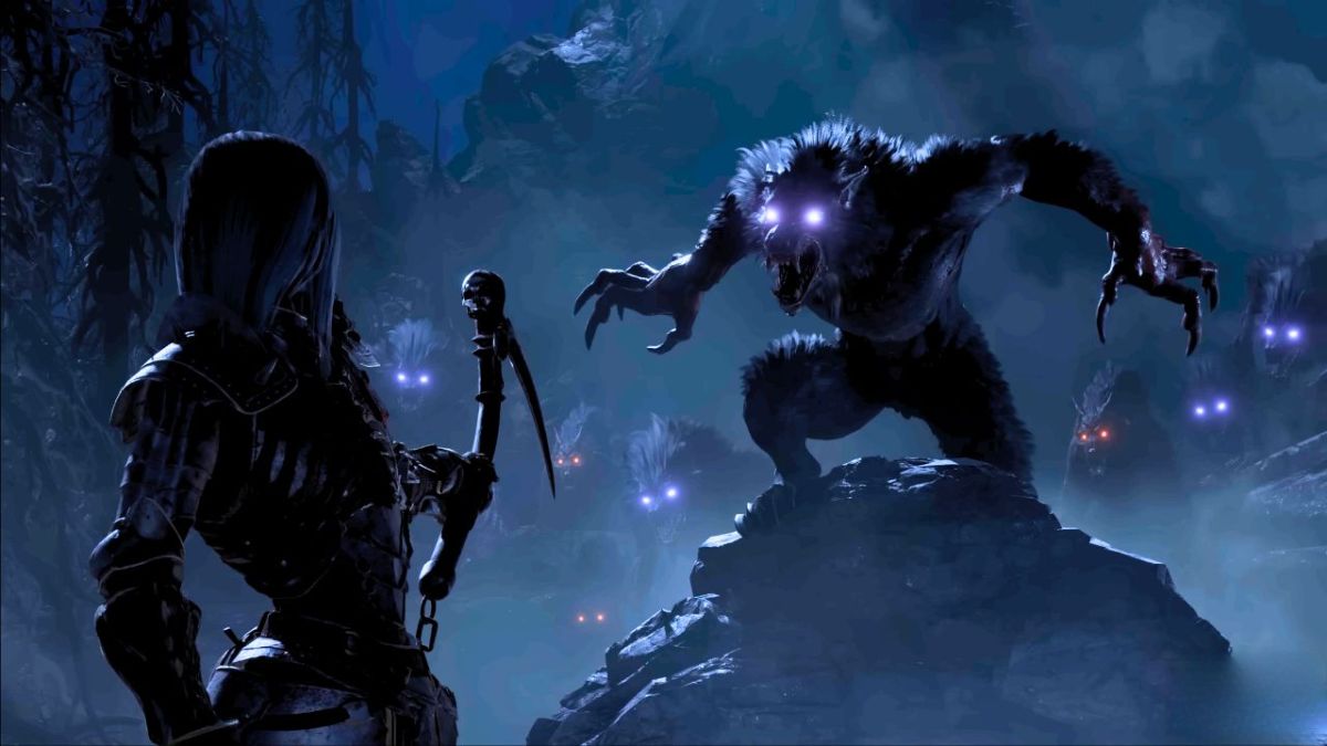 Woman pointing Scythe to a pack of werewolves in Diablo 4