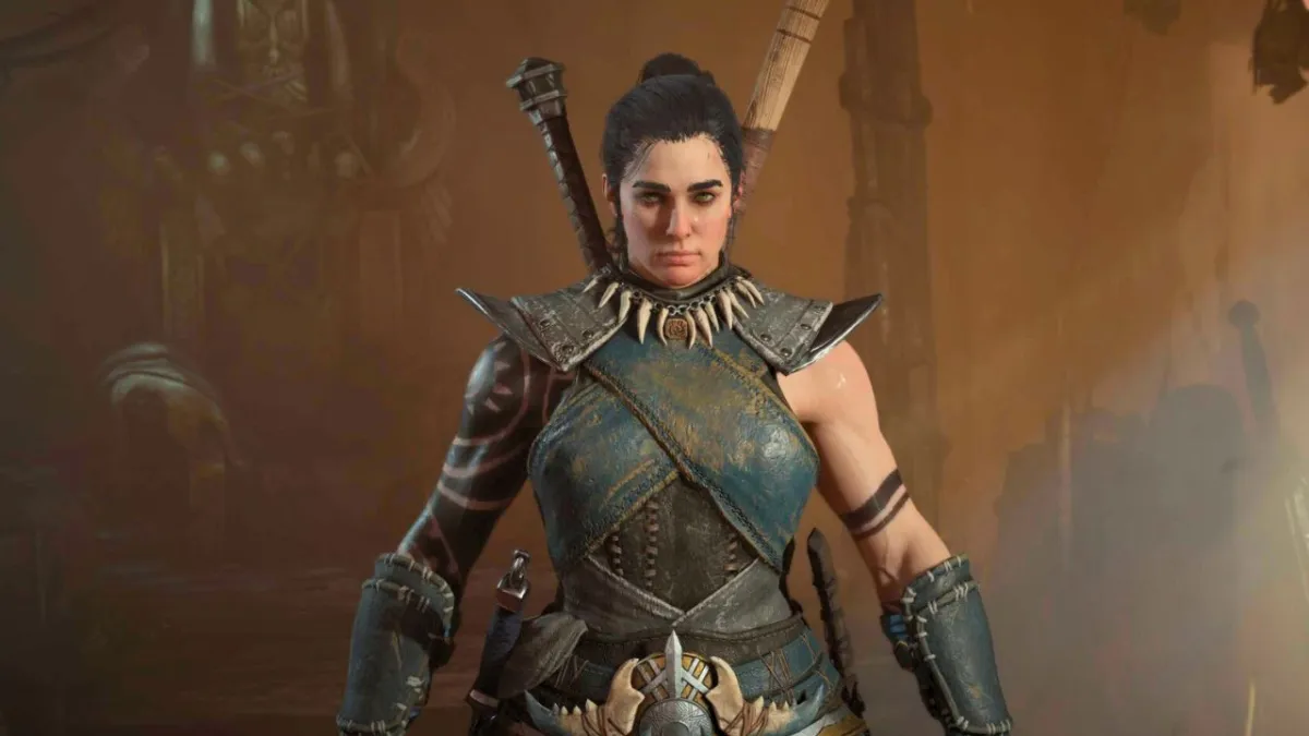 Muscular woman wearing leather armor in Diablo 4