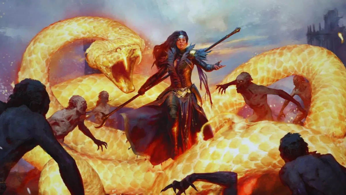 Woman surrounded by a fiery snake in Diablo 4