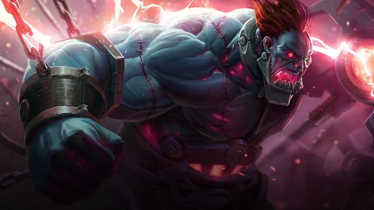 Sion reaches down to crush his tiny enemies in his Hextech skin in League of Legends