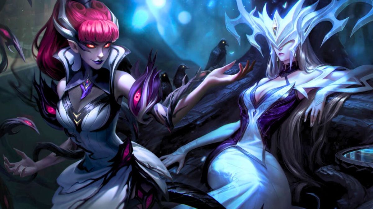 Woman with white armor surrounded by black vines and woman wearing a large mask with horns surrounded by crows in League of Legends