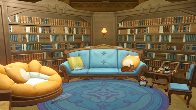 A cozy cat room with bookshelves, a couch, a side table, a chair, and a massive cat bed. 
