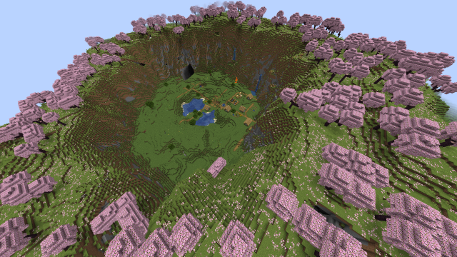 A cherry blossom grove circled around a deep valley with an abandoned village. 