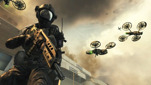 A Black Ops 2 screenshot featuring drones flying in the air behind a soldier.