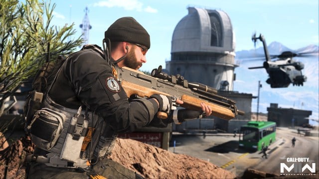 An operator wields a sniper rifle at Zaya Observatory in Call of Duty.