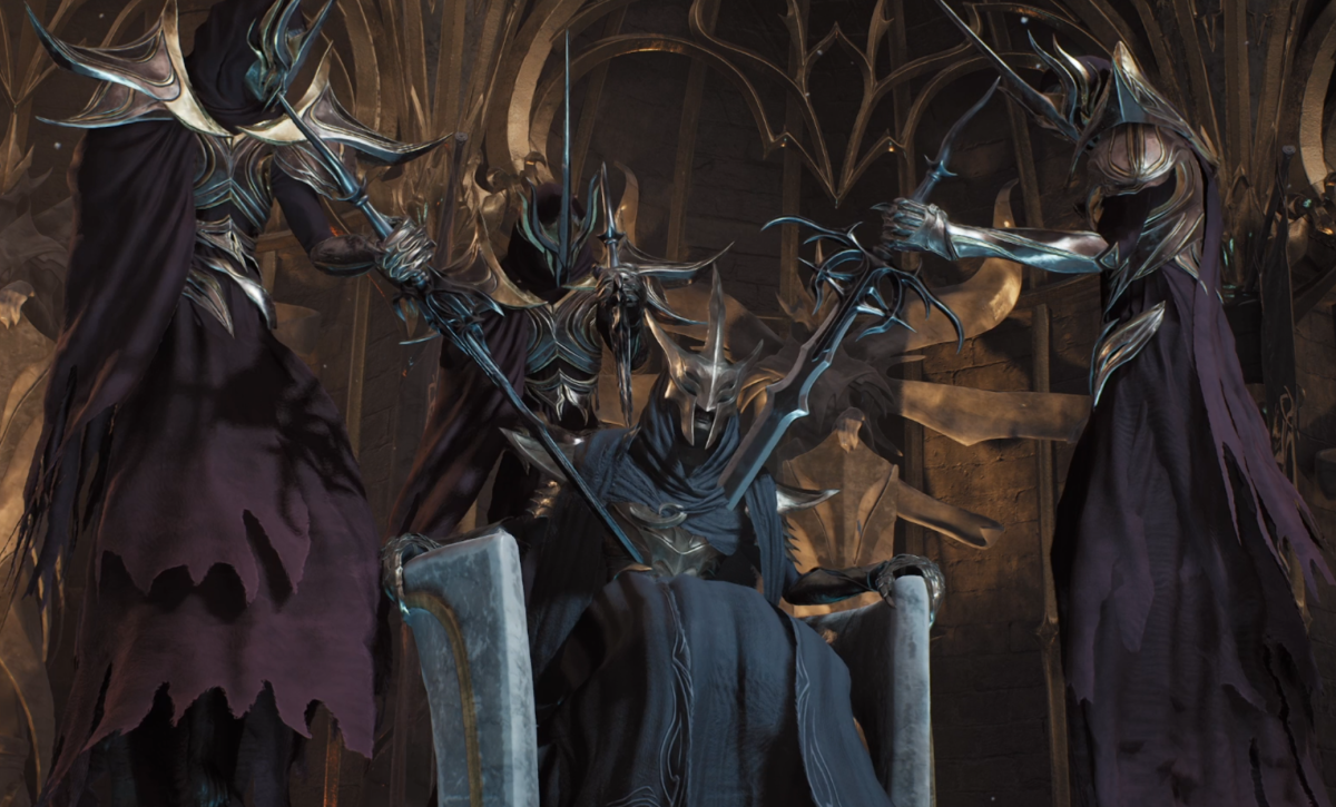 A screenshot from Remnant 2 showing three hooded figures stabbing a fourth hooded figure in the chest with swords.