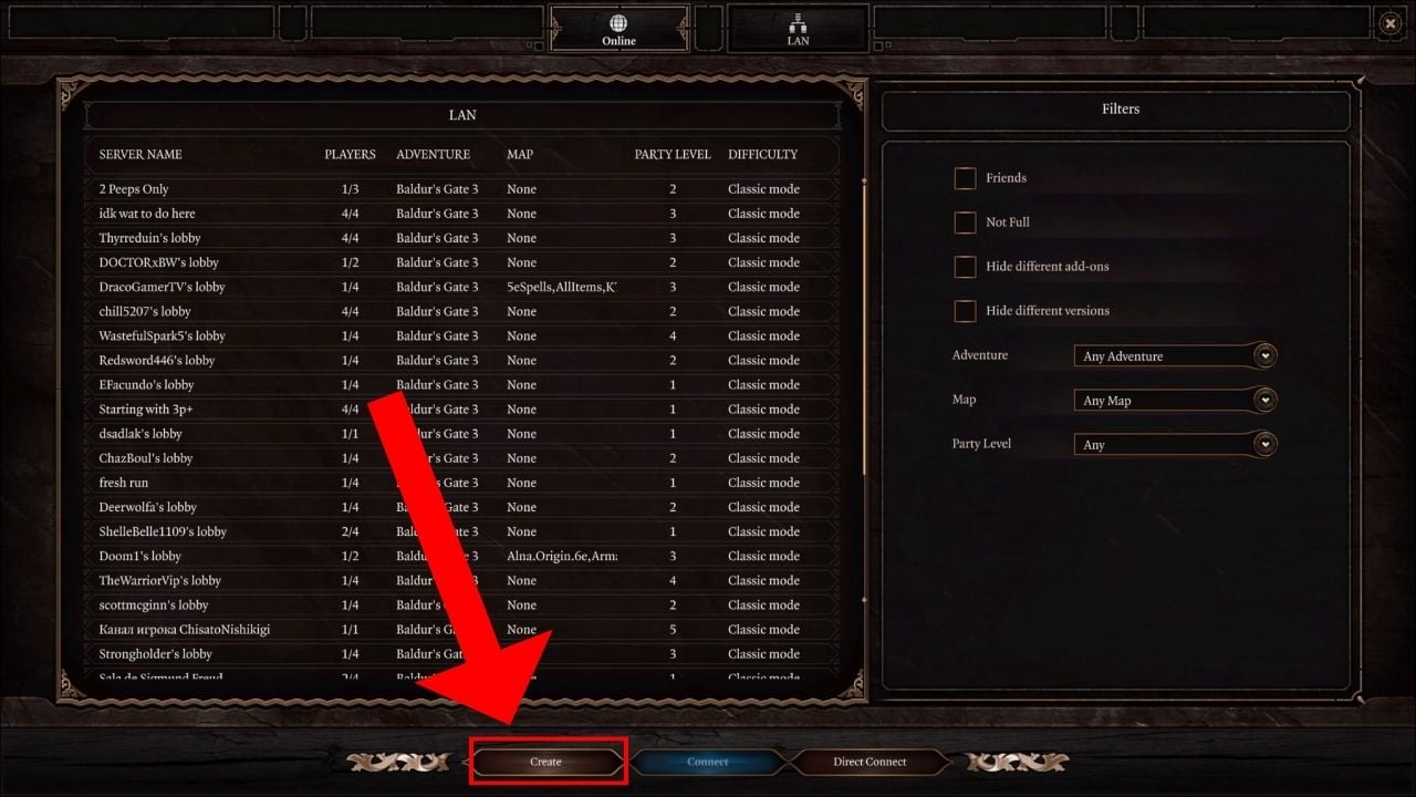 Screen showing available lobbies and the create your own lobby button in Baldur's Gate 3