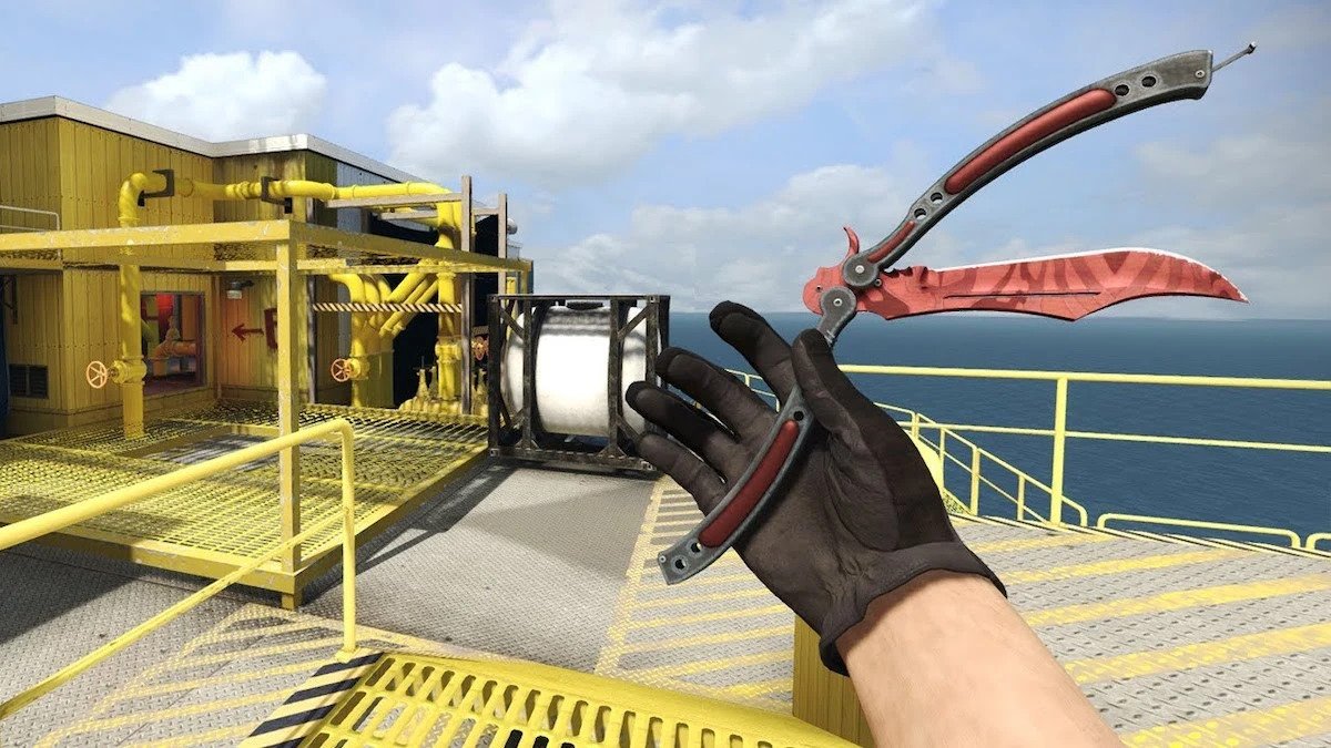 Player holding butterly knife in CS:GO with ocean background