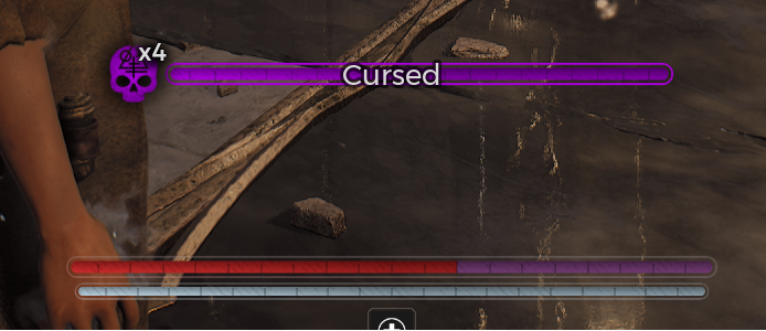 A screenshot from Remnant 2 showing the Cursed status effect, indicated by a long purple bar, that reduced total