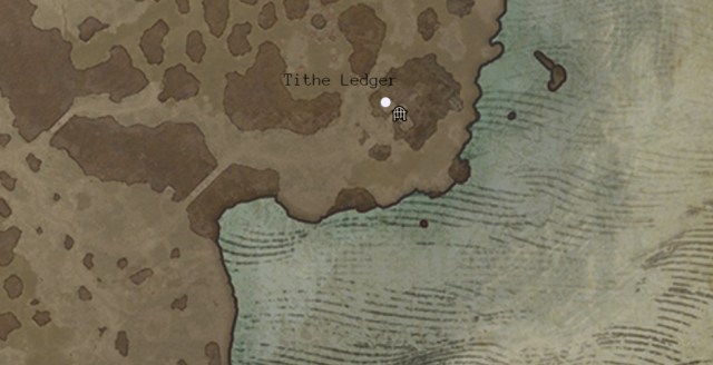 A screenshot of the Diablo 4 map showing the location of the Tithe Ledger with a white circle.