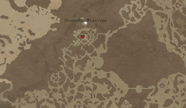 A screenshot of the Diablo 4 map showing the location of the Crusader Missives quest item with a white spot.