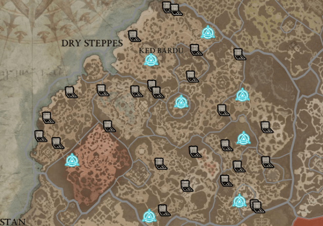 A map showing the location of the cellars and waypoints within the Dry Steppes region of Diablo 4.