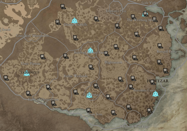 A screenshot of the map in Diablo 4 displaying the cellars and waypoints in the Hawezar region.