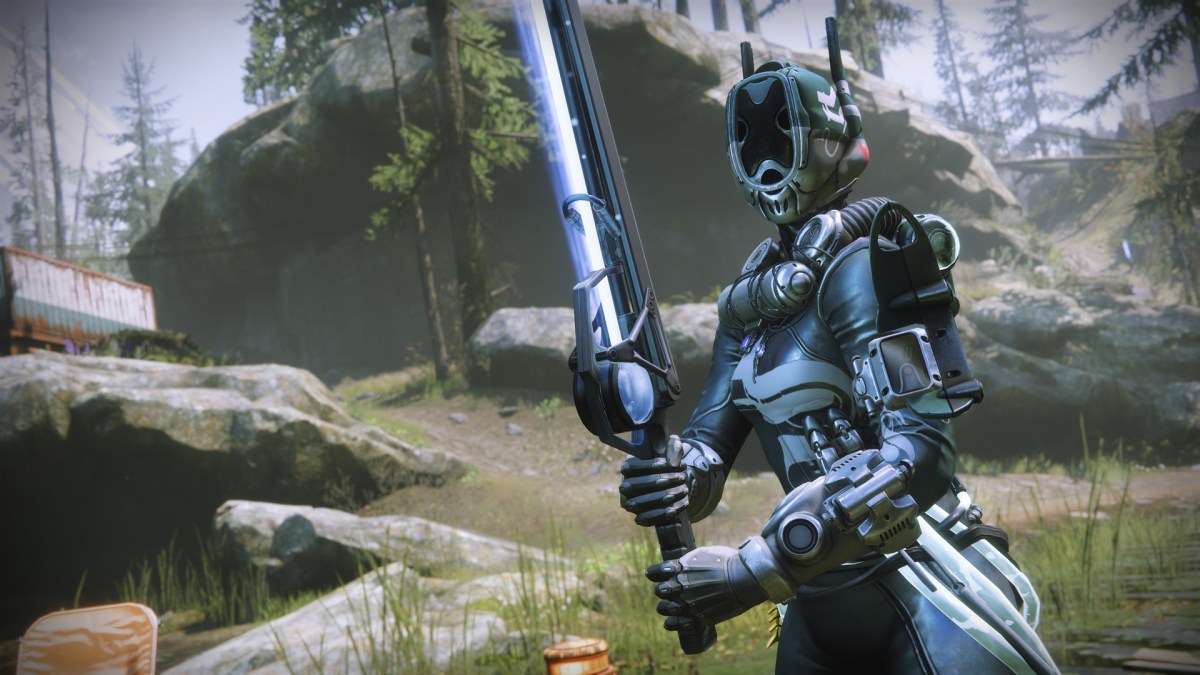 A Destiny 2 Warlock wielding a fishing rod in a grassy area of the EDZ region.