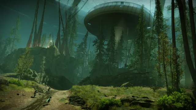 Three Guardians in Destiny 2 running through a forest toward a tall, domed section of Titan's Arcology building.