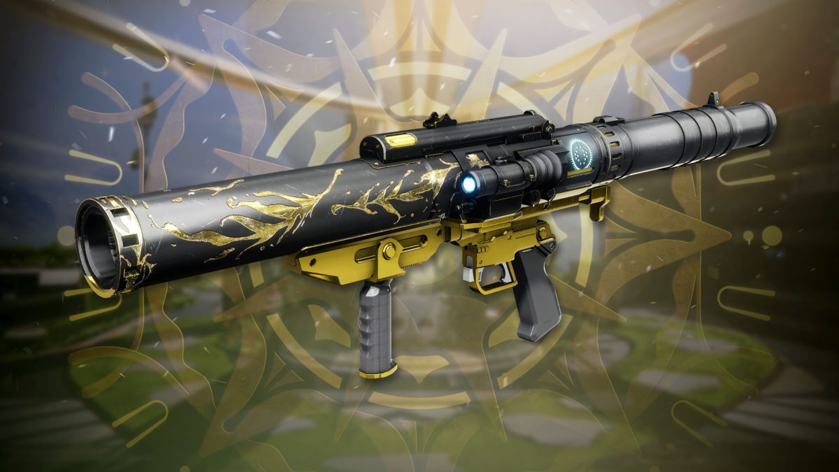 A graphic displaying the Crowning Duologue rocket launcher from Destiny 2.