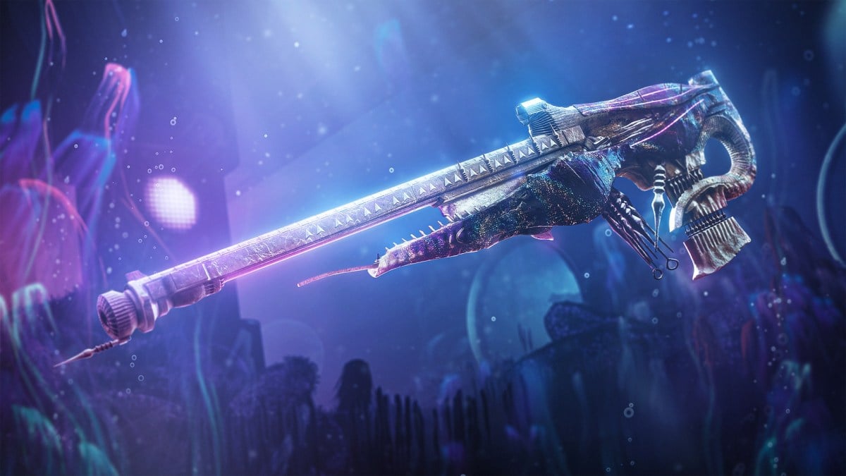 The Wicked Implement Exotic scout rifle from Destiny 2 floating in front of a coral reef in Titan's methane ocean.