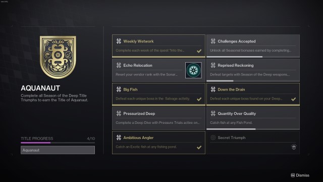 A screenshot of all the triumphs for Destiny 2's Aquanaut title.