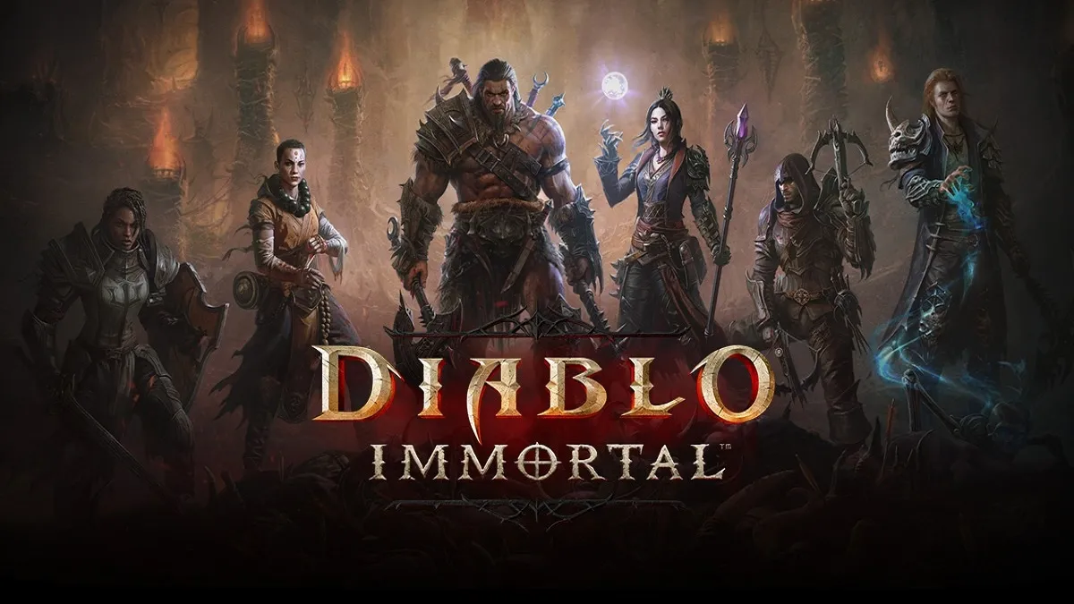An image of all the game's classes standing together in Diablo Immortal.