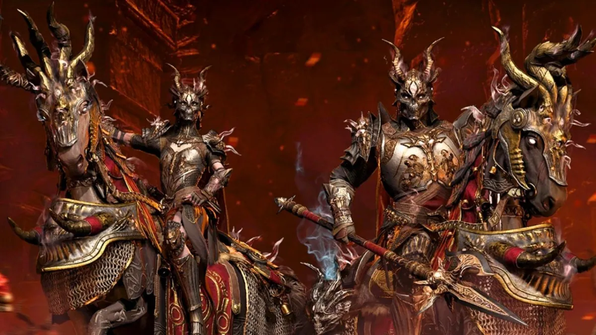 Two people on horses wearing skull masks in gold armor in Diablo 4