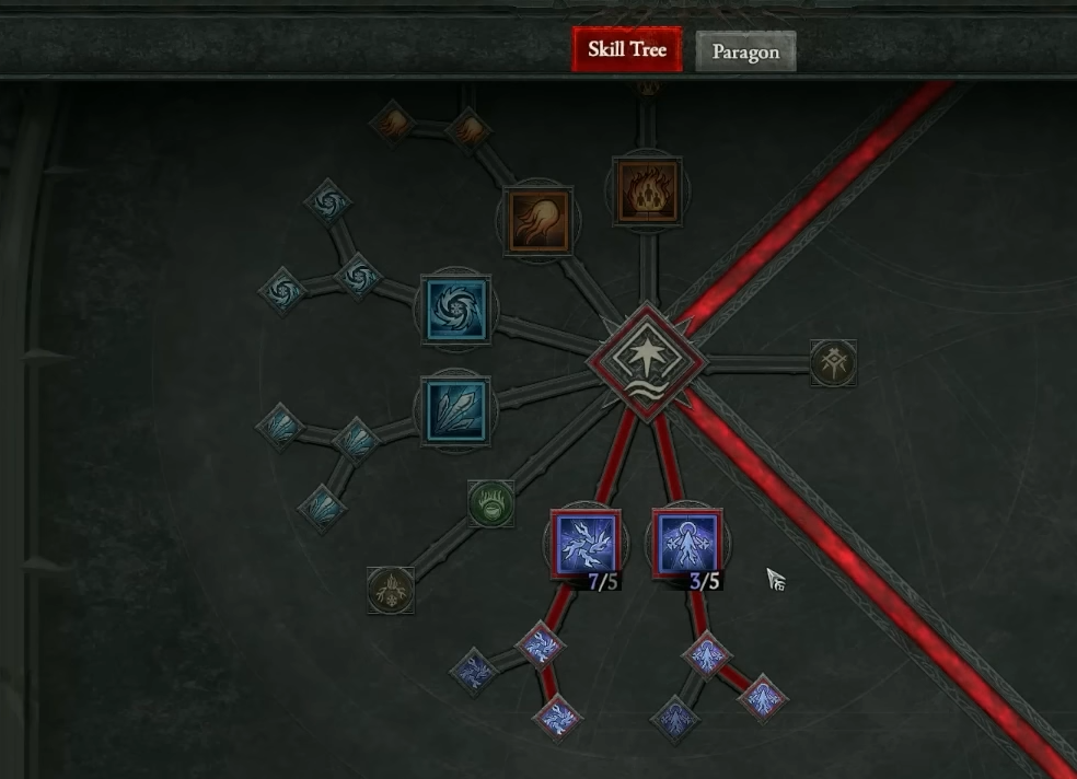 Sorcerer Skill tree in Diablo 4, showing the Chain Lightning spell and upgrades.