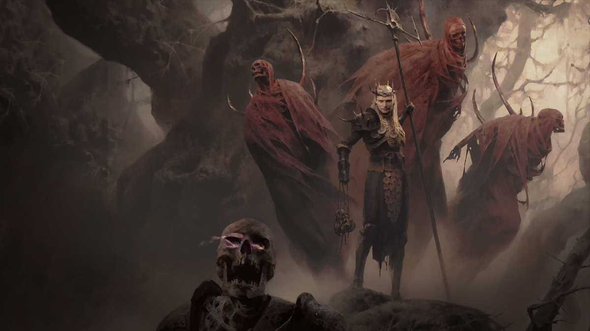 A Necromancer in Diablo 4 with long blonde hair summons three red cloaked figures in a forest, while reanimating a skeleton warrior.