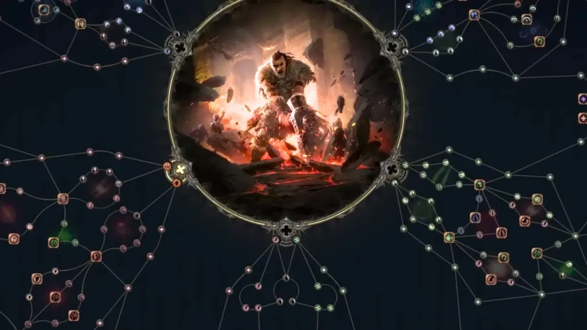 Man inside a circle with multiple branches filled with ability and passive icons in Path of Exile 2