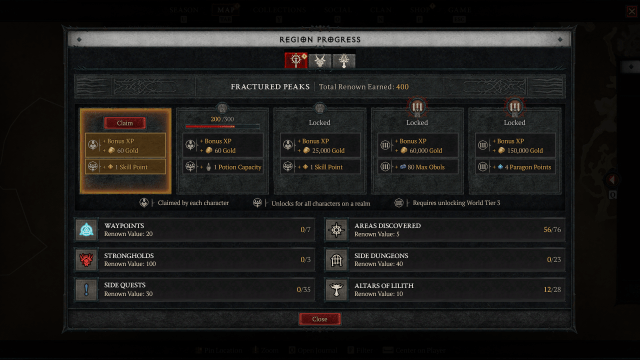 The Renown progress page in Diablo 4 showing available rewards and progress.