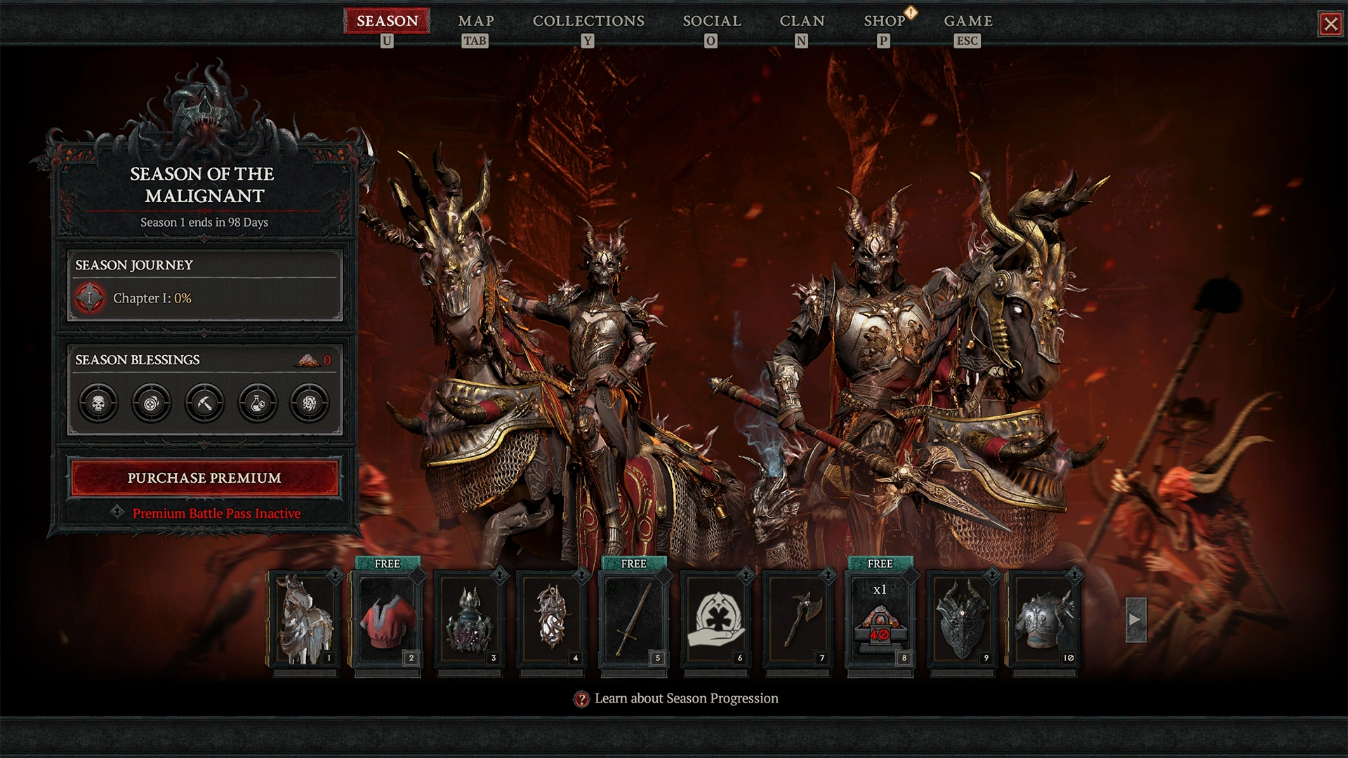 Page one of the Diablo 4 Season of the Malignant season pass, with two demonic horsemen in armor in the background.