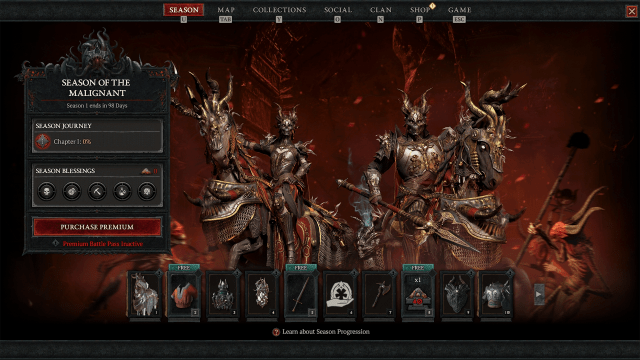 The seasonal battle pass in Diablo 4, showing Smoldering Ashes as a reward for achieving Tier 8.