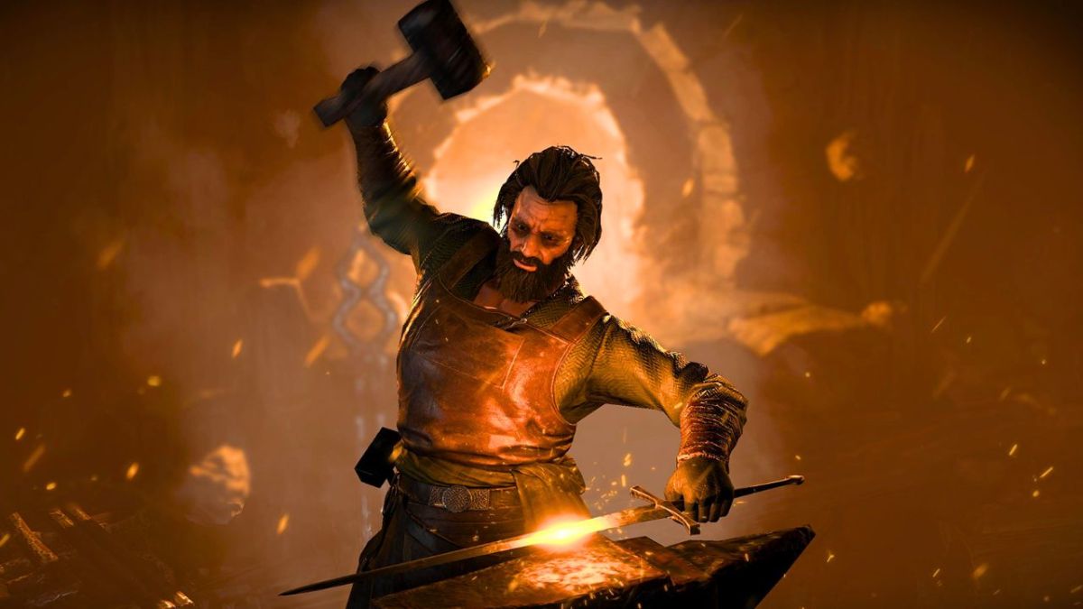 man using hammer on a sword in Diablo 4 season 4 loot reborn splash art