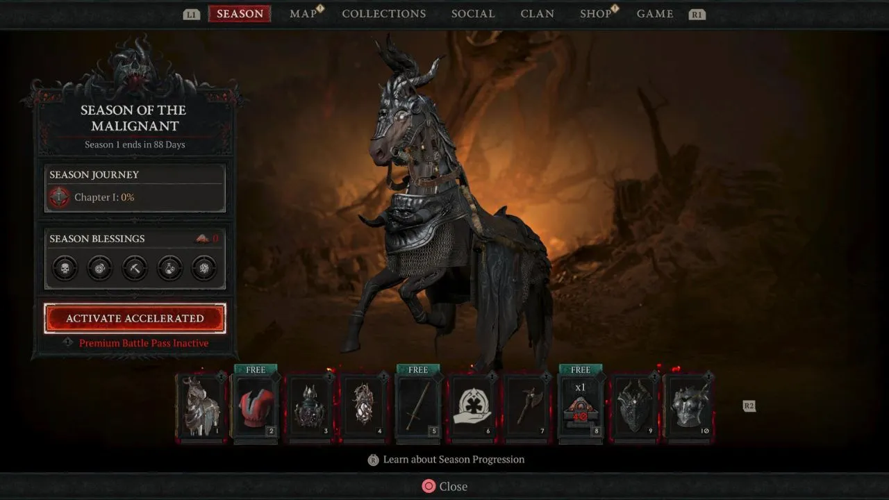 Horse surrounded by icons of rewards and battle pass information in Diablo 4