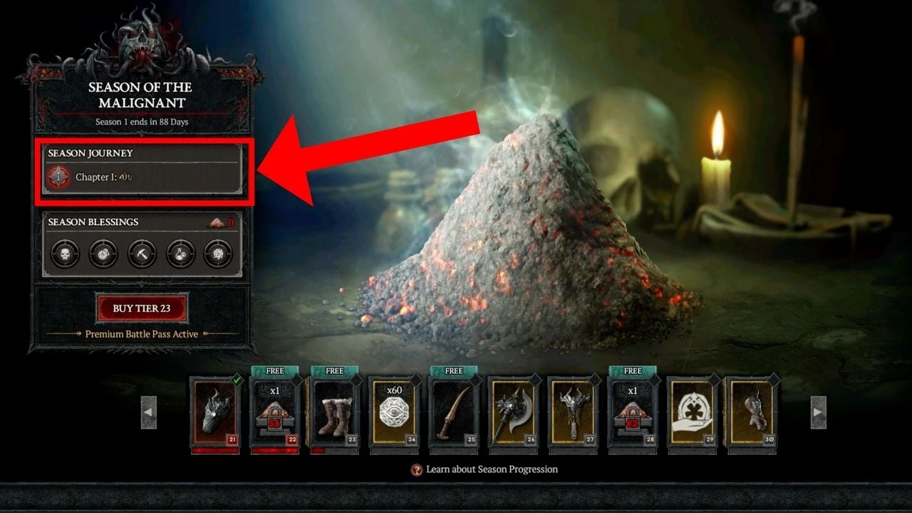 A screen with a red box and arrow pointing to the Season journey tab for the Holding Back the Floods quest in Diablo 4