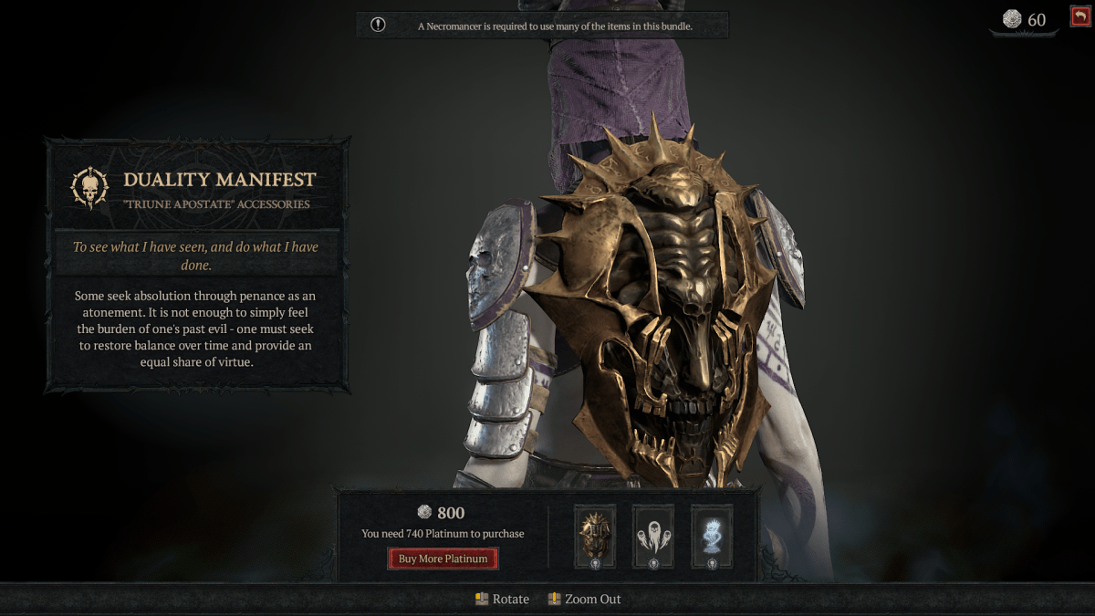 Store listing for the Duality Manifest accessory kit for Necromancers in Diablo 4.