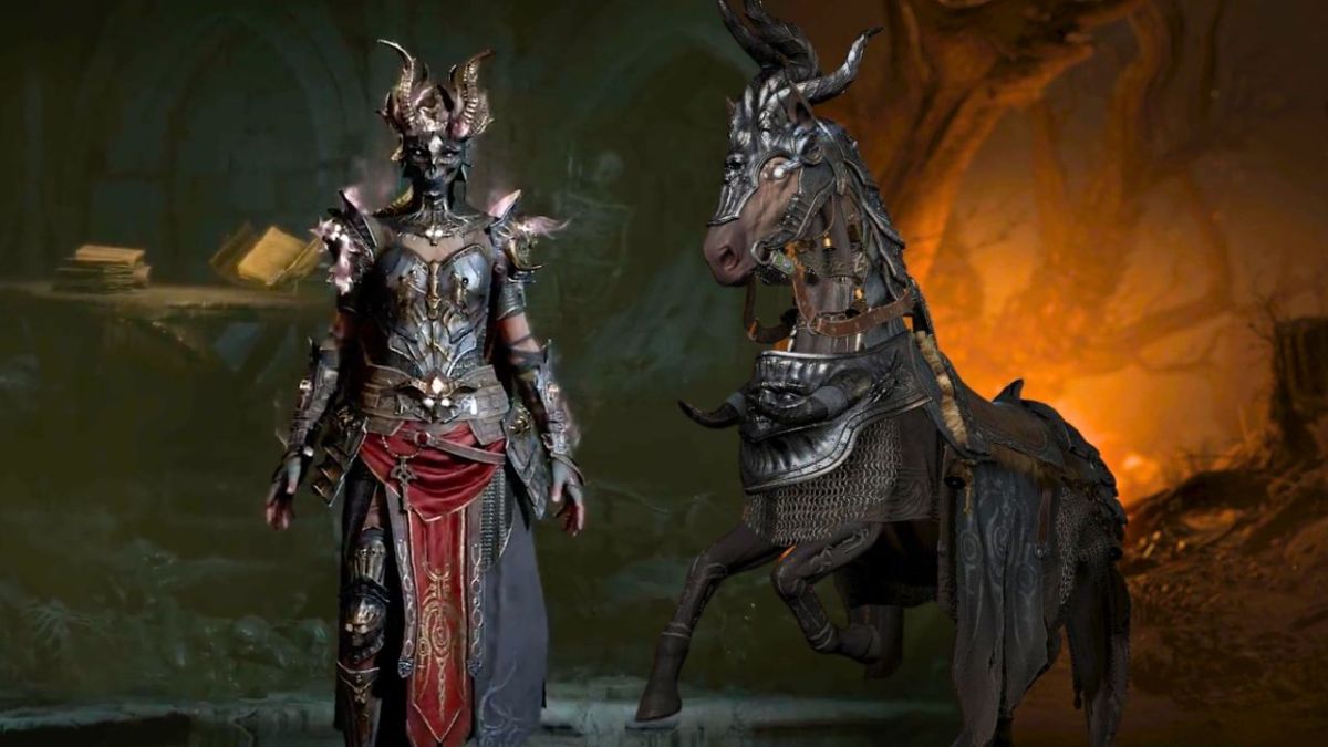 Person wearing silver and red armor standing next to a horse wearing a saddle and armor in Diablo 4