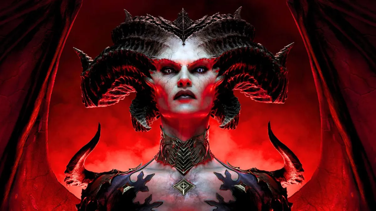 Woman with horns and wings against a red background in Diablo 4.