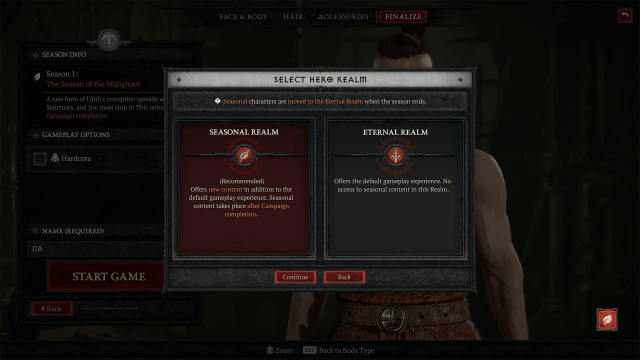 An image of the Realm selection screen coming to Diablo 4, showing the Seasonal and Eternal Realms.
